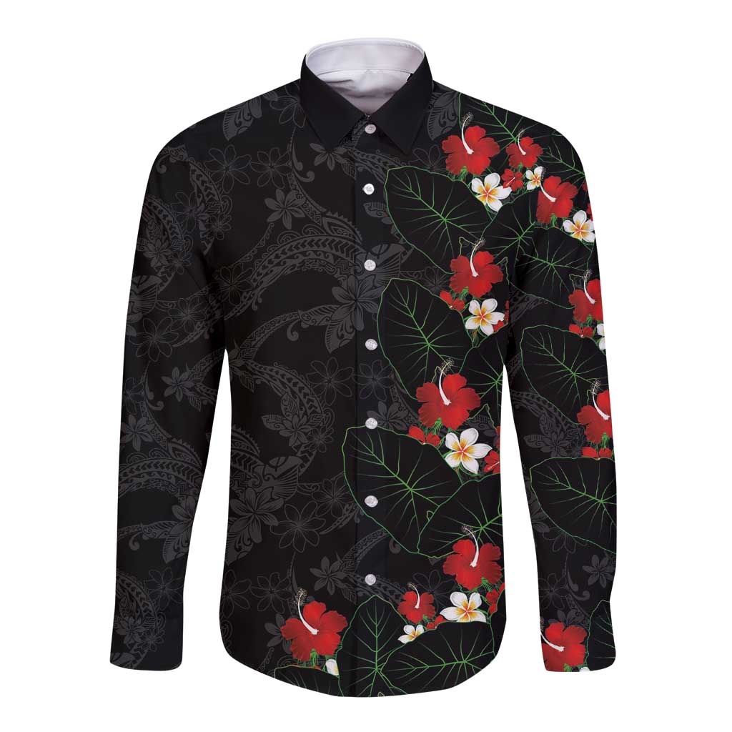 Hawaiian Taro Leaves-Hibiscus and Plumeria Long Sleeve Button Shirt Floral Tribal Tattoo Motif