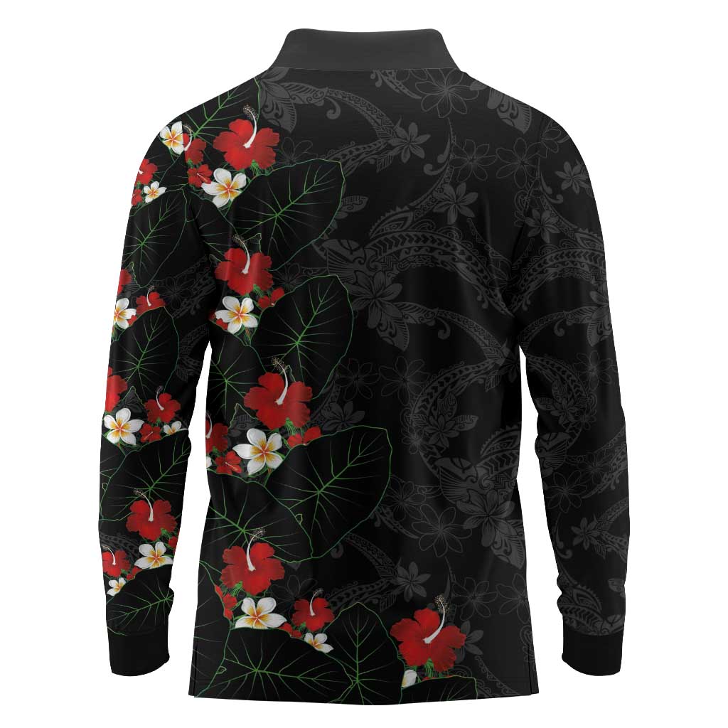 Hawaiian Taro Leaves-Hibiscus and Plumeria Long Sleeve Polo Shirt Floral Tribal Tattoo Motif