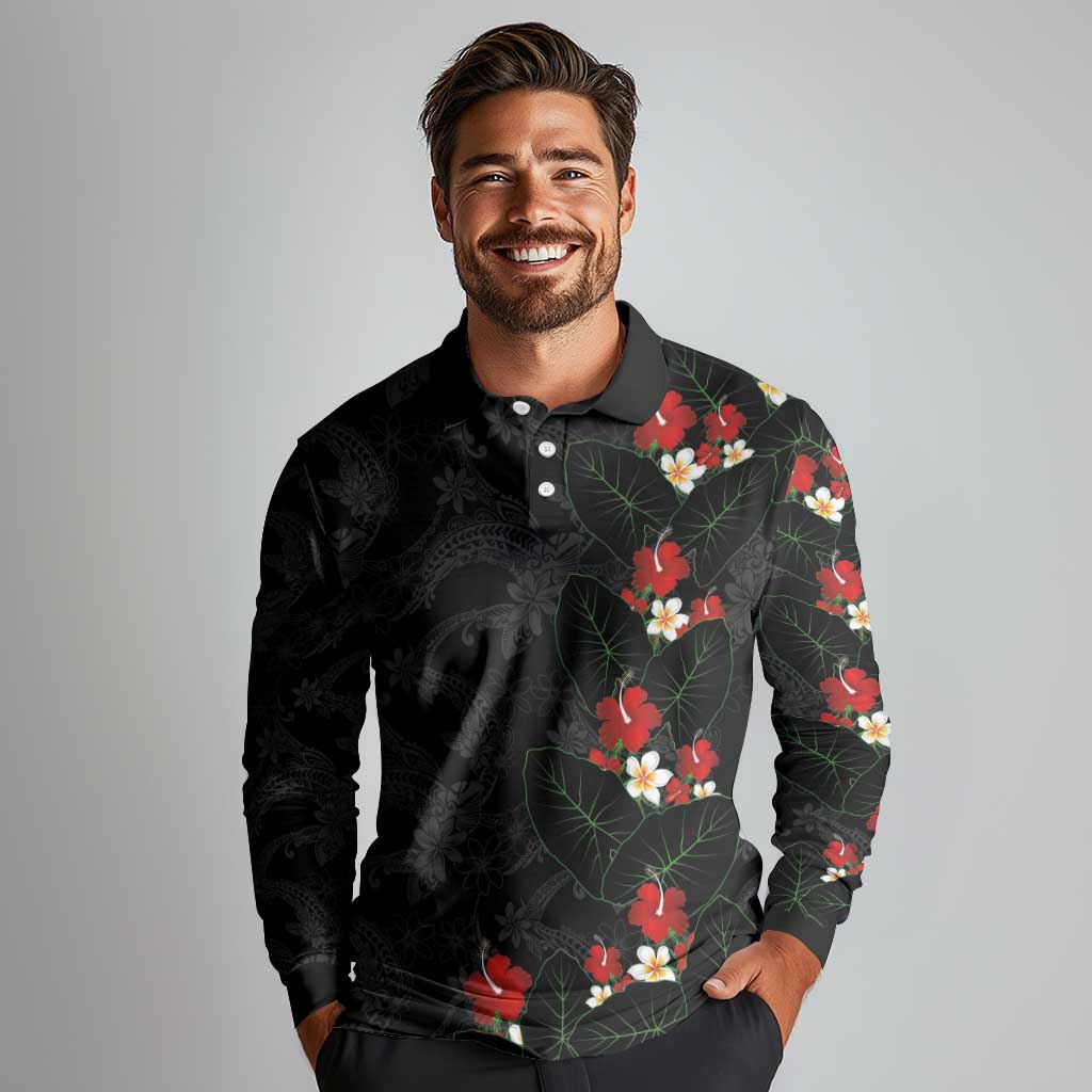 Hawaiian Taro Leaves-Hibiscus and Plumeria Long Sleeve Polo Shirt Floral Tribal Tattoo Motif