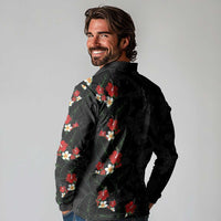 Hawaiian Taro Leaves-Hibiscus and Plumeria Long Sleeve Polo Shirt Floral Tribal Tattoo Motif