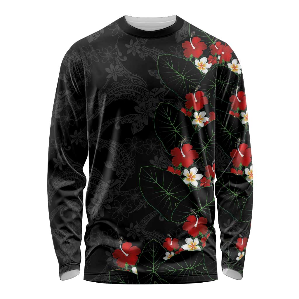 Hawaiian Taro Leaves-Hibiscus and Plumeria Long Sleeve Shirt Floral Tribal Tattoo Motif