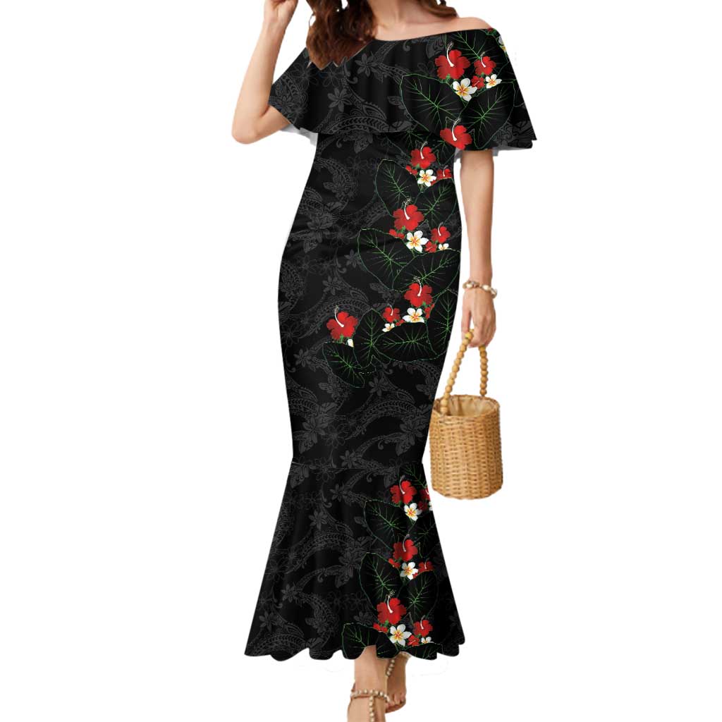 Hawaiian Taro Leaves-Hibiscus and Plumeria Mermaid Dress Floral Tribal Tattoo Motif