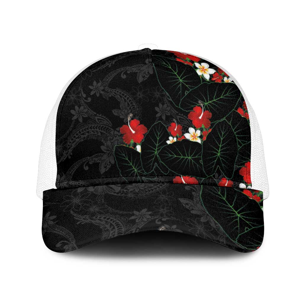 Hawaiian Taro Leaves-Hibiscus and Plumeria Mesh Trucker Cap Floral Tribal Tattoo Motif