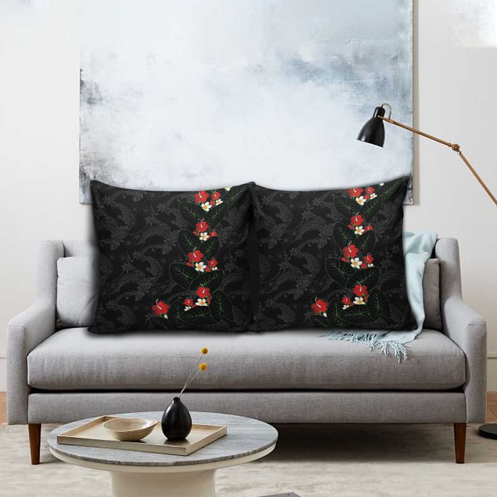 Hawaiian Taro Leaves-Hibiscus and Plumeria Pillow Cover Floral Tribal Tattoo Motif
