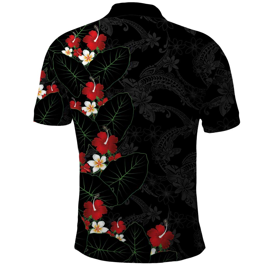 Hawaiian Taro Leaves-Hibiscus and Plumeria Polo Shirt Floral Tribal Tattoo Motif