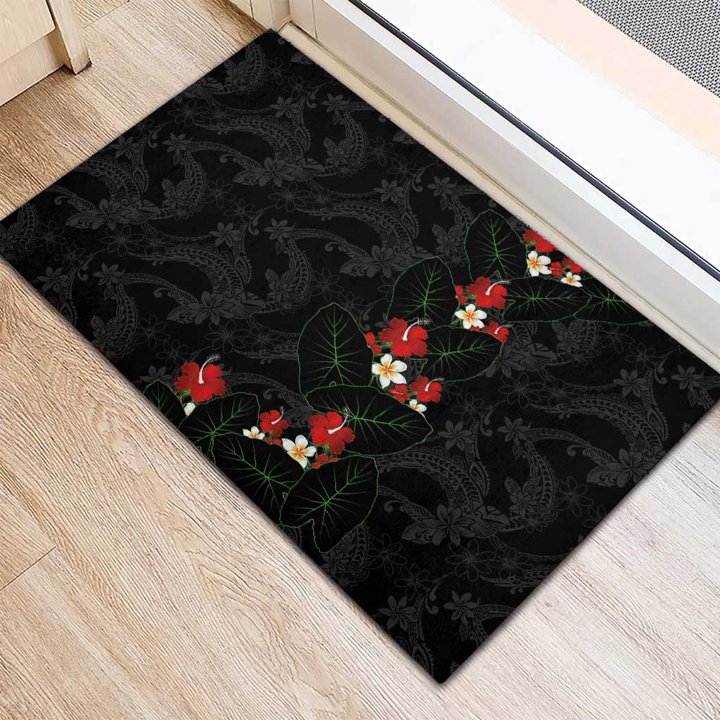Hawaiian Taro Leaves-Hibiscus and Plumeria Rubber Doormat Floral Tribal Tattoo Motif
