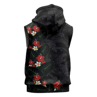 Hawaiian Taro Leaves-Hibiscus and Plumeria Sleeveless Hoodie Floral Tribal Tattoo Motif