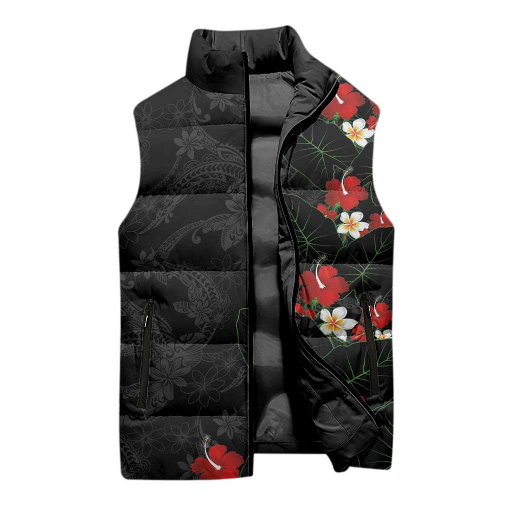 Hawaiian Taro Leaves-Hibiscus and Plumeria Sleeveless Puffer Jacket Floral Tribal Tattoo Motif