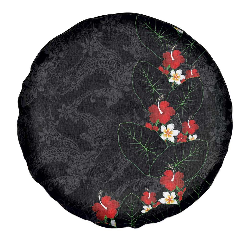 Hawaiian Taro Leaves-Hibiscus and Plumeria Spare Tire Cover Floral Tribal Tattoo Motif