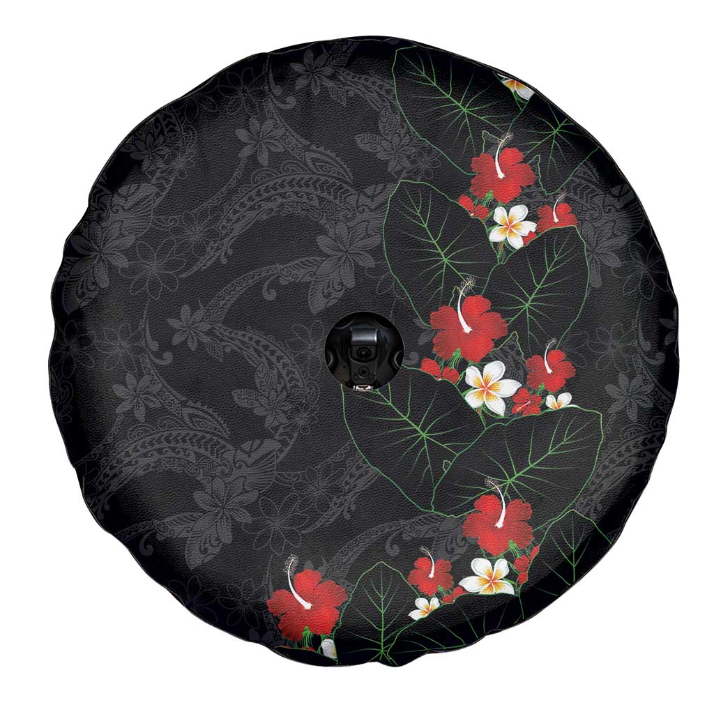 Hawaiian Taro Leaves-Hibiscus and Plumeria Spare Tire Cover Floral Tribal Tattoo Motif