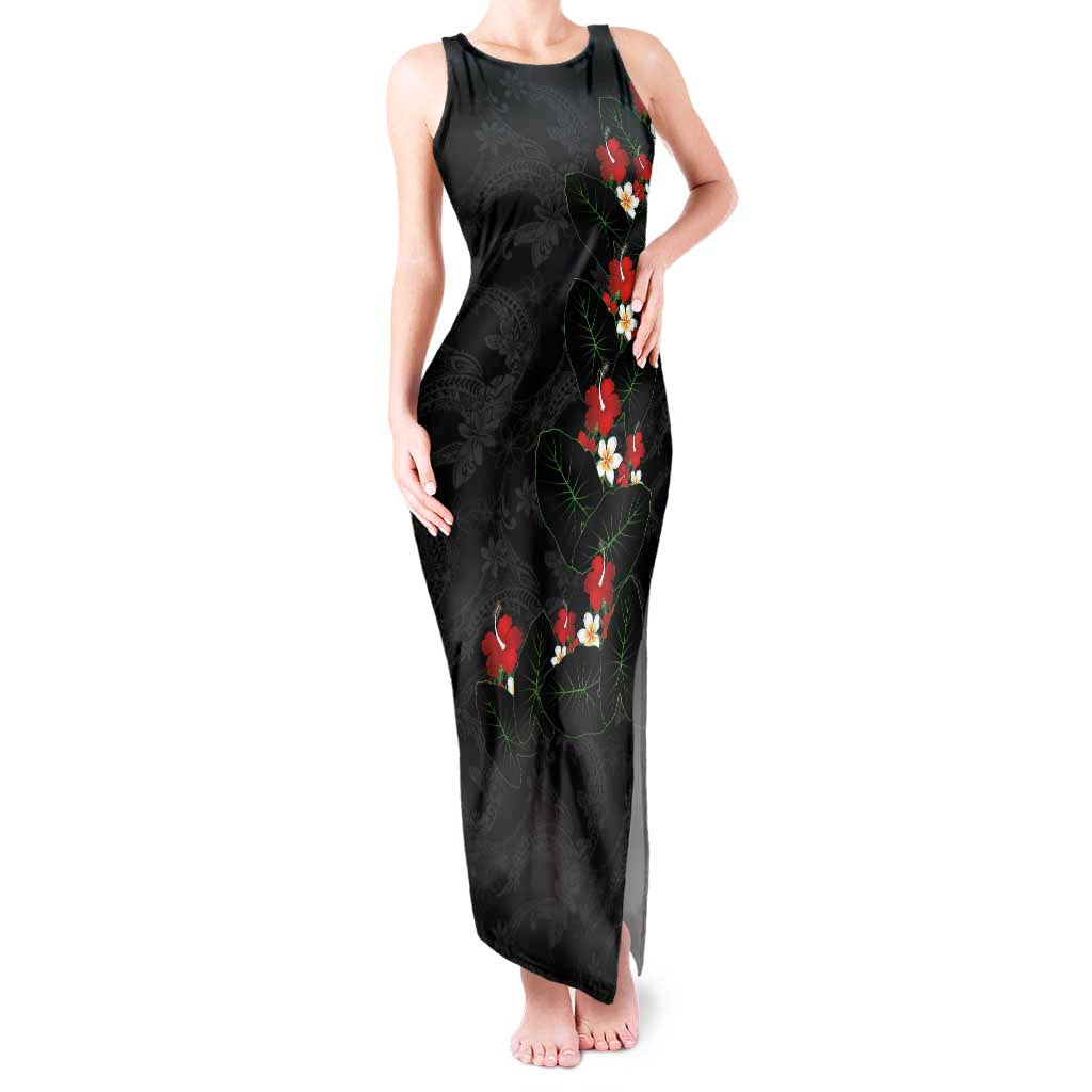 Hawaiian Taro Leaves-Hibiscus and Plumeria Tank Maxi Dress Floral Tribal Tattoo Motif