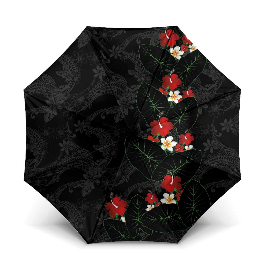 Hawaiian Taro Leaves-Hibiscus and Plumeria Umbrella Floral Tribal Tattoo Motif