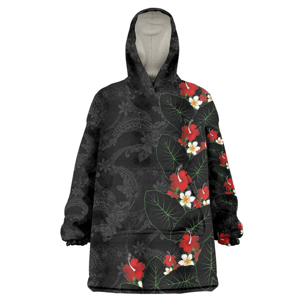 Hawaiian Taro Leaves-Hibiscus and Plumeria Wearable Blanket Hoodie Floral Tribal Tattoo Motif