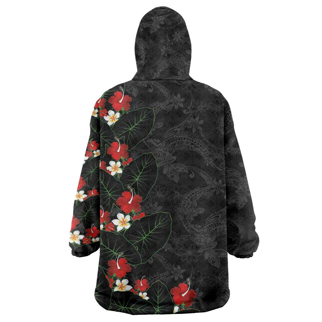 Hawaiian Taro Leaves-Hibiscus and Plumeria Wearable Blanket Hoodie Floral Tribal Tattoo Motif