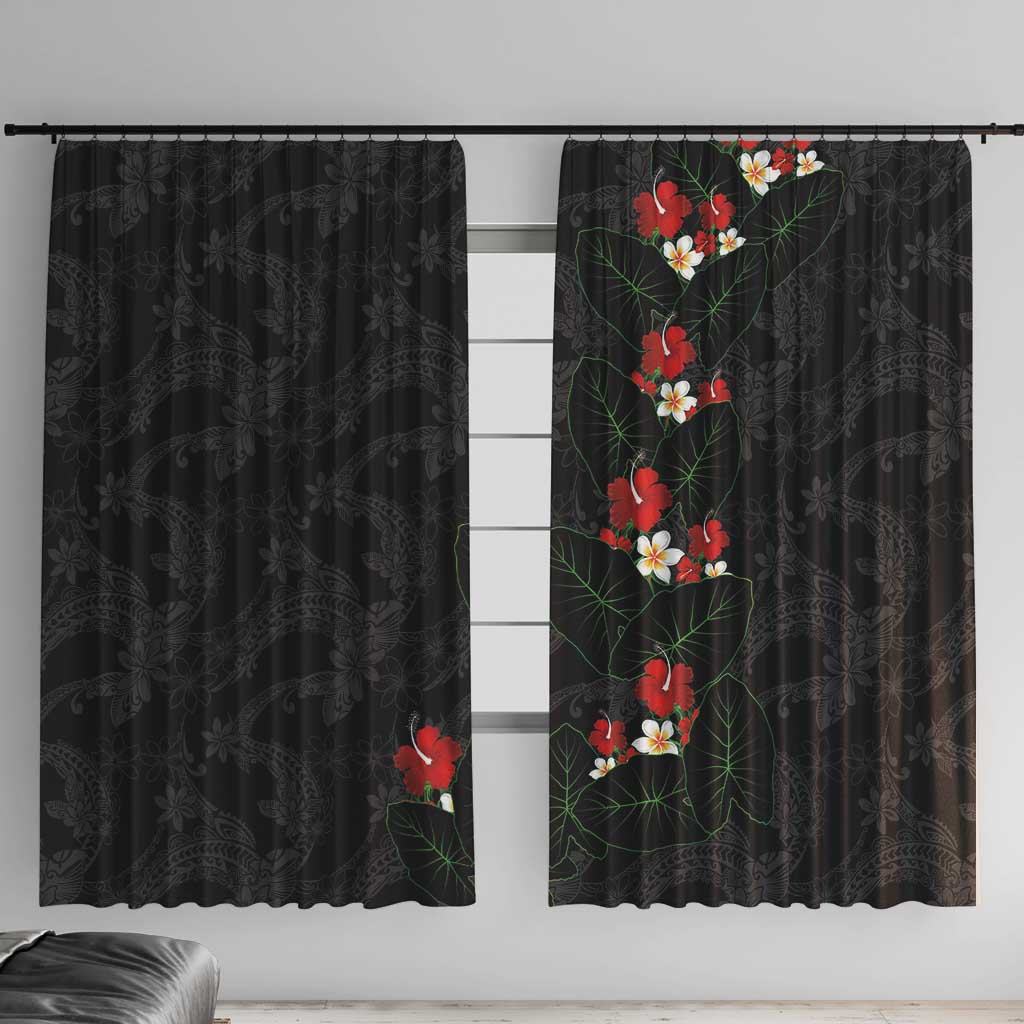 Hawaiian Taro Leaves-Hibiscus and Plumeria Window Curtain Floral Tribal Tattoo Motif