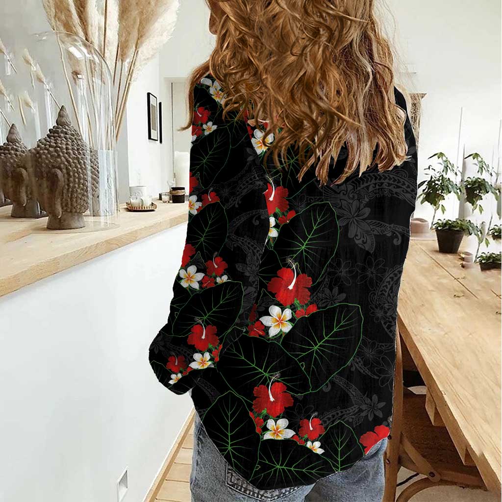 Hawaiian Taro Leaves-Hibiscus and Plumeria Women Casual Shirt Floral Tribal Tattoo Motif