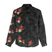 Hawaiian Taro Leaves-Hibiscus and Plumeria Women Casual Shirt Floral Tribal Tattoo Motif