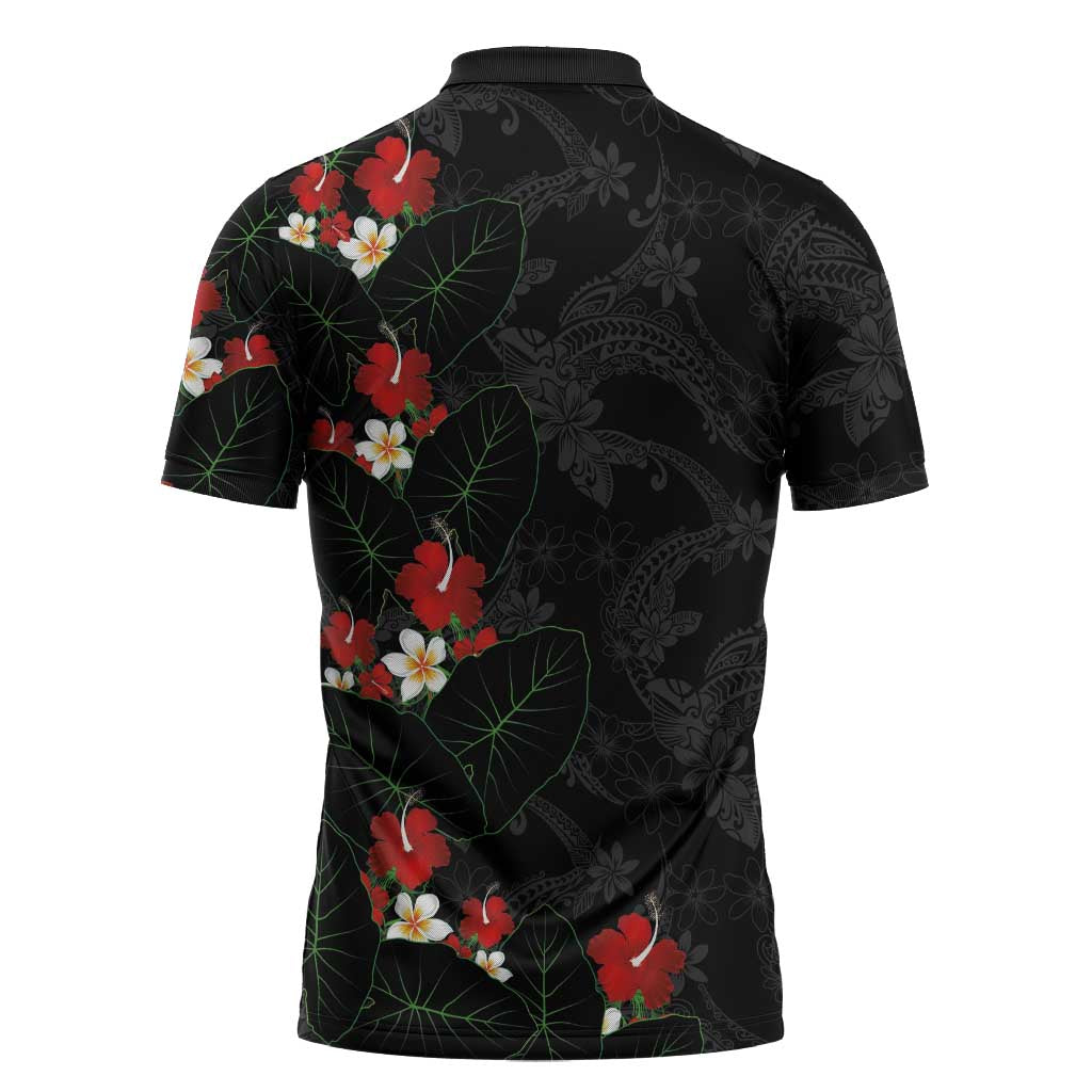 Hawaiian Taro Leaves-Hibiscus and Plumeria Zipper Polo Shirt Floral Tribal Tattoo Motif