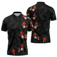 Hawaiian Taro Leaves-Hibiscus and Plumeria Zipper Polo Shirt Floral Tribal Tattoo Motif