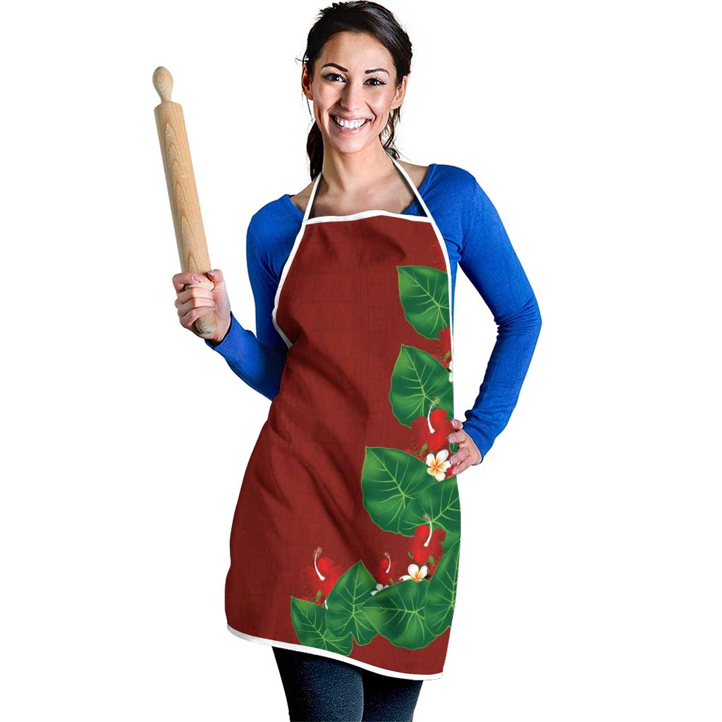 Hawaiian Taro Leaves-Hibiscus and Plumeria Apron Polynesian Art-Kakau Tattoo Red LT03 - Polynesian Pride