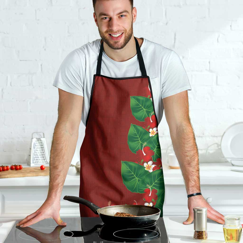 Hawaiian Taro Leaves-Hibiscus and Plumeria Apron Polynesian Art-Kakau Tattoo Red LT03 - Polynesian Pride