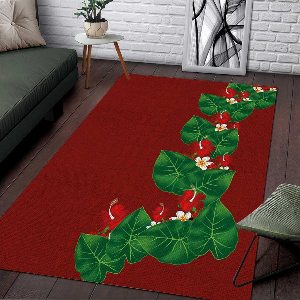 Hawaiian Taro Leaves-Hibiscus and Plumeria Area Rug Polynesian Art-Kakau Tattoo Red