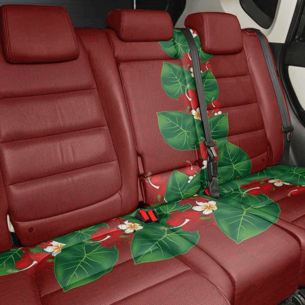 Hawaiian Taro Leaves-Hibiscus and Plumeria Back Car Seat Cover Polynesian Art-Kakau Tattoo Red