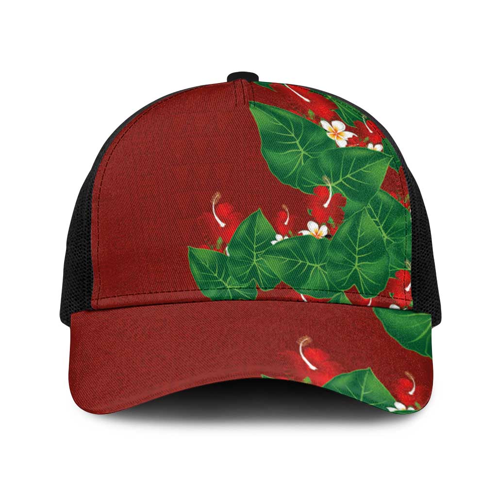 Hawaiian Taro Leaves-Hibiscus and Plumeria Baseball Net Cap Polynesian Art-Kakau Tattoo Red