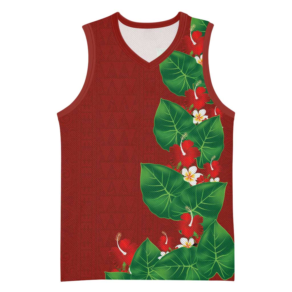 Hawaiian Taro Leaves-Hibiscus and Plumeria Basketball Jersey Polynesian Art-Kakau Tattoo Red