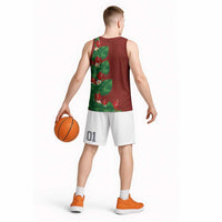 Hawaiian Taro Leaves-Hibiscus and Plumeria Basketball Jersey Polynesian Art-Kakau Tattoo Red