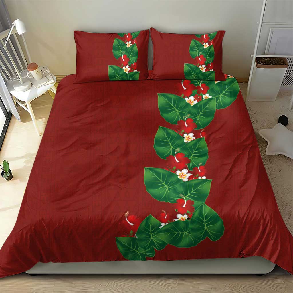 Hawaiian Taro Leaves-Hibiscus and Plumeria Bedding Set Polynesian Art-Kakau Tattoo Red