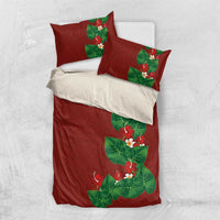 Hawaiian Taro Leaves-Hibiscus and Plumeria Bedding Set Polynesian Art-Kakau Tattoo Red