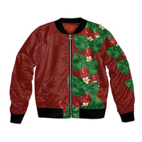 Hawaiian Taro Leaves-Hibiscus and Plumeria Bomber Jacket Polynesian Art-Kakau Tattoo Red LT03 Unisex Red - Polynesian Pride