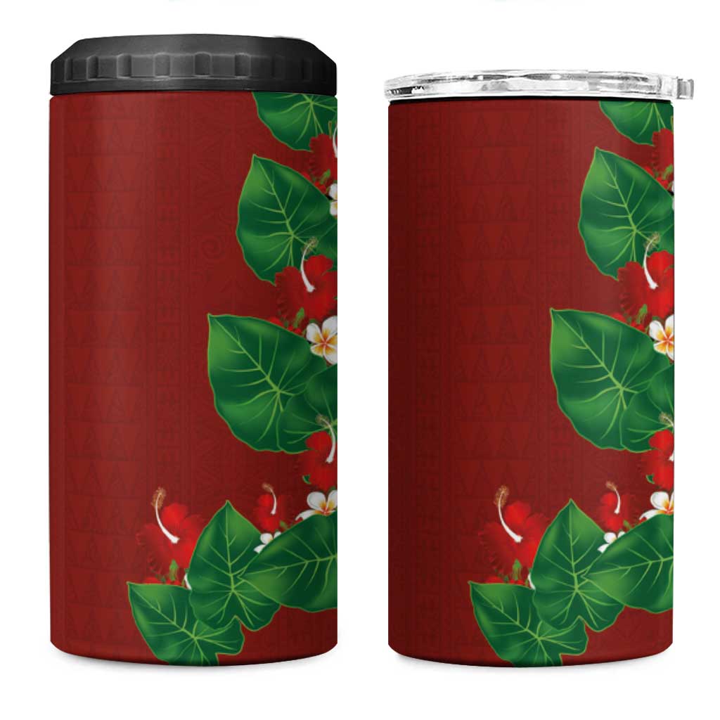 Hawaiian Taro Leaves-Hibiscus and Plumeria 4 in 1 Can Cooler Tumbler Polynesian Art-Kakau Tattoo Red