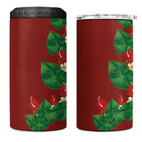 Hawaiian Taro Leaves-Hibiscus and Plumeria 4 in 1 Can Cooler Tumbler Polynesian Art-Kakau Tattoo Red