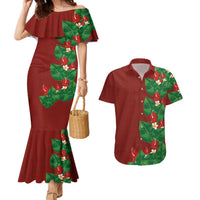 Hawaiian Taro Leaves-Hibiscus and Plumeria Couples Matching Mermaid Dress and Hawaiian Shirt Polynesian Art-Kakau Tattoo Red