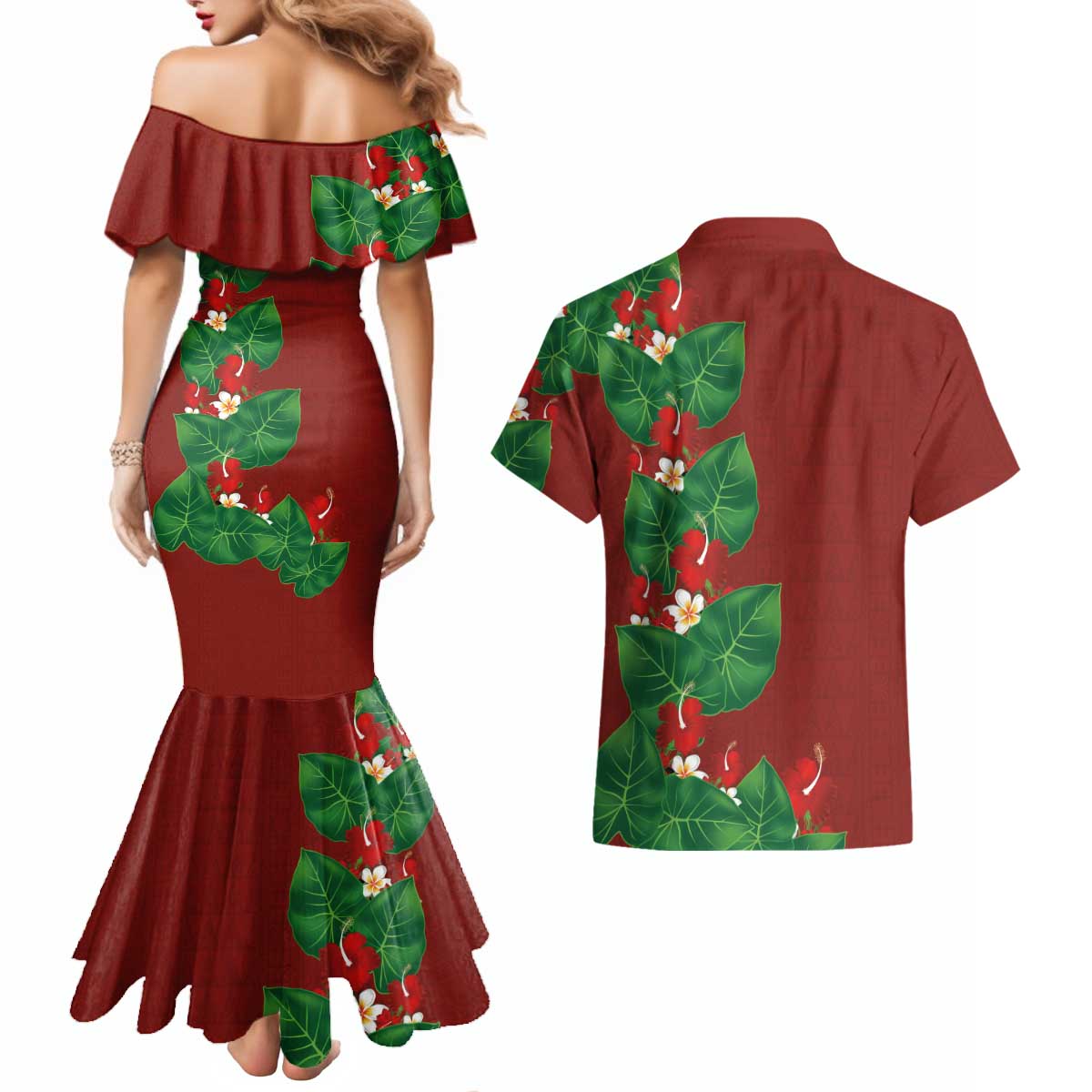 Hawaiian Taro Leaves-Hibiscus and Plumeria Couples Matching Mermaid Dress and Hawaiian Shirt Polynesian Art-Kakau Tattoo Red