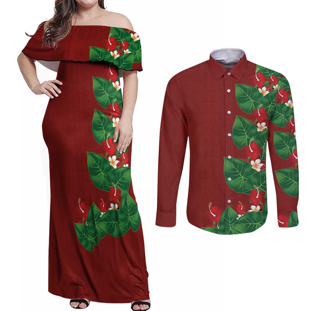Hawaiian Taro Leaves-Hibiscus and Plumeria Couples Matching Off Shoulder Maxi Dress and Long Sleeve Button Shirt Polynesian Art-Kakau Tattoo Red