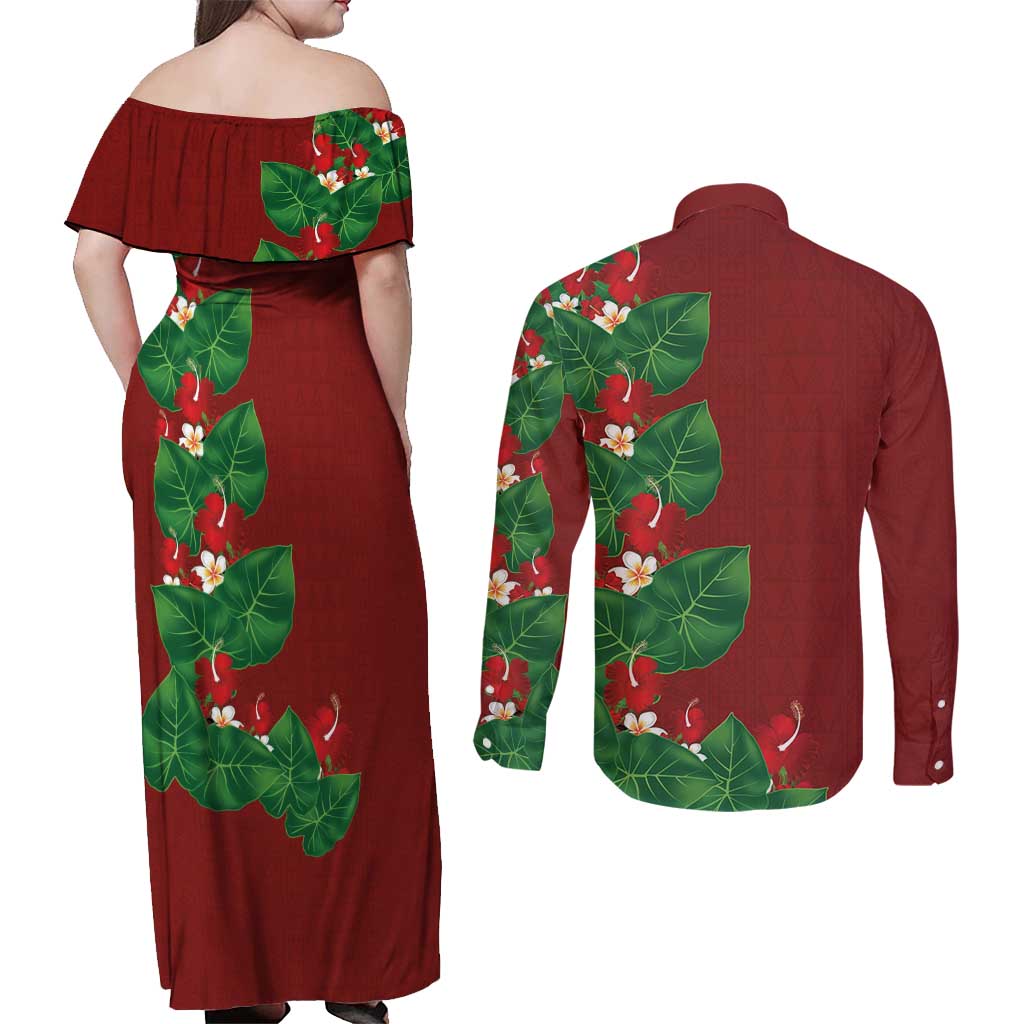 Hawaiian Taro Leaves-Hibiscus and Plumeria Couples Matching Off Shoulder Maxi Dress and Long Sleeve Button Shirt Polynesian Art-Kakau Tattoo Red