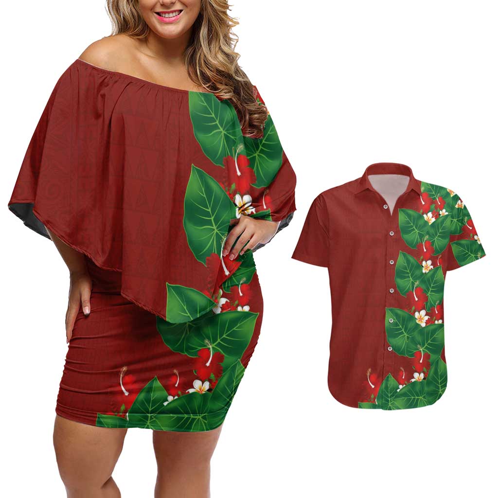 Hawaiian Taro Leaves-Hibiscus and Plumeria Couples Matching Off Shoulder Short Dress and Hawaiian Shirt Polynesian Art-Kakau Tattoo Red