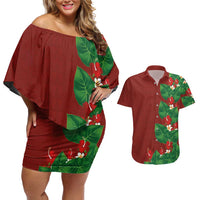 Hawaiian Taro Leaves-Hibiscus and Plumeria Couples Matching Off Shoulder Short Dress and Hawaiian Shirt Polynesian Art-Kakau Tattoo Red