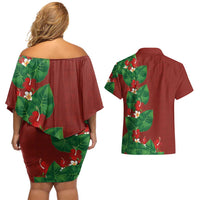 Hawaiian Taro Leaves-Hibiscus and Plumeria Couples Matching Off Shoulder Short Dress and Hawaiian Shirt Polynesian Art-Kakau Tattoo Red
