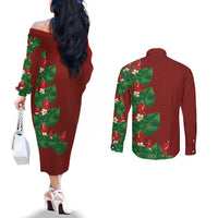 Hawaiian Taro Leaves-Hibiscus and Plumeria Couples Matching Off The Shoulder Long Sleeve Dress and Long Sleeve Button Shirt Polynesian Art-Kakau Tattoo Red