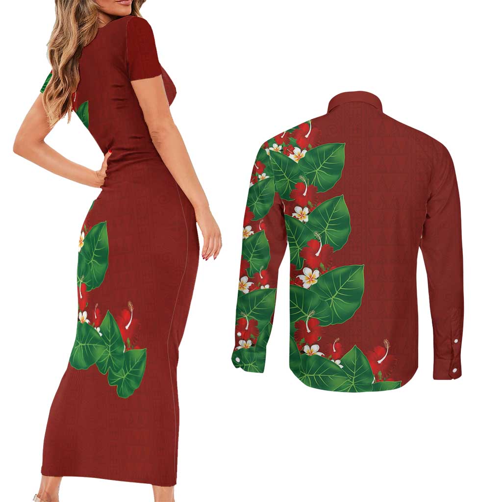 Hawaiian Taro Leaves-Hibiscus and Plumeria Couples Matching Short Sleeve Bodycon Dress and Long Sleeve Button Shirt Polynesian Art-Kakau Tattoo Red