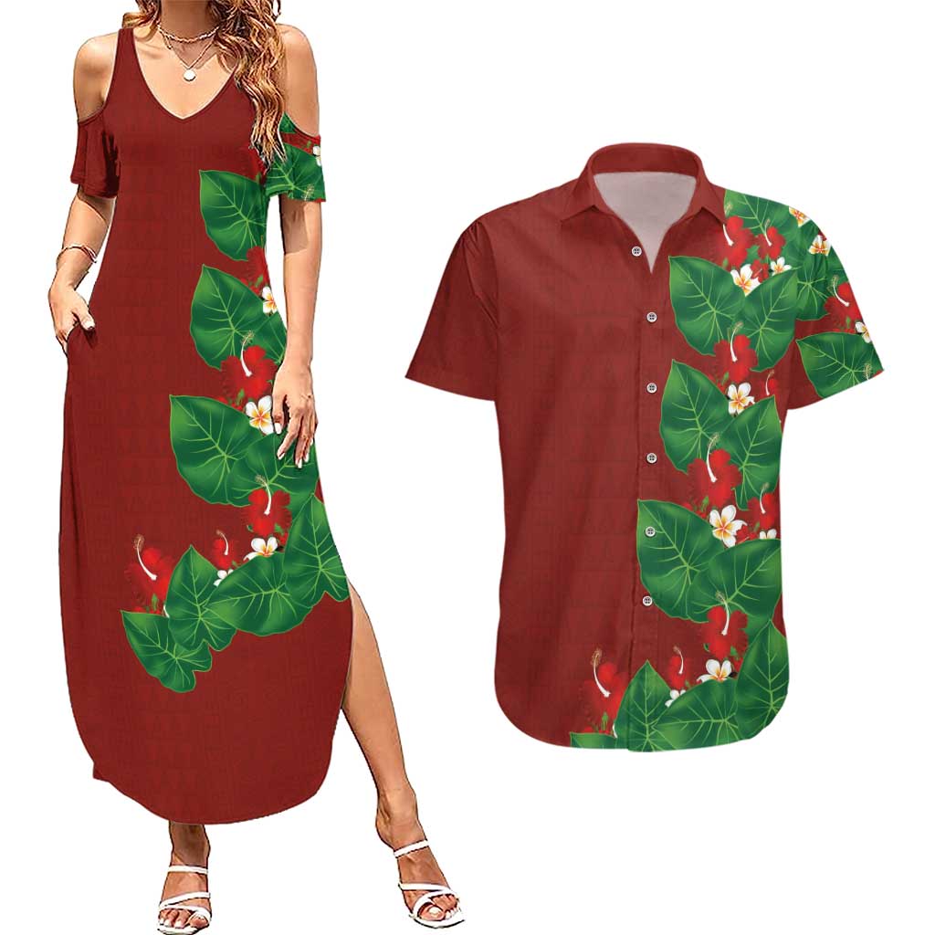 Hawaiian Taro Leaves-Hibiscus and Plumeria Couples Matching Summer Maxi Dress and Hawaiian Shirt Polynesian Art-Kakau Tattoo Red