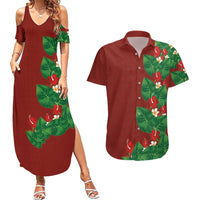 Hawaiian Taro Leaves-Hibiscus and Plumeria Couples Matching Summer Maxi Dress and Hawaiian Shirt Polynesian Art-Kakau Tattoo Red