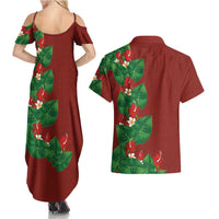 Hawaiian Taro Leaves-Hibiscus and Plumeria Couples Matching Summer Maxi Dress and Hawaiian Shirt Polynesian Art-Kakau Tattoo Red