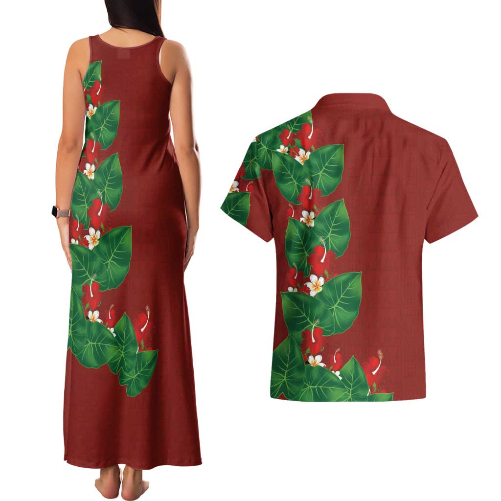 Hawaiian Taro Leaves-Hibiscus and Plumeria Couples Matching Tank Maxi Dress and Hawaiian Shirt Polynesian Art-Kakau Tattoo Red