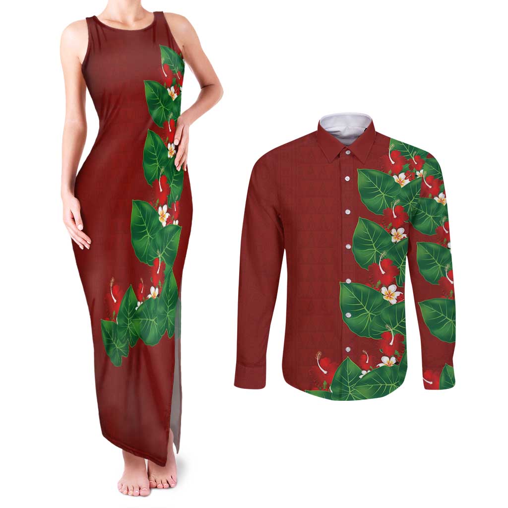 Hawaiian Taro Leaves-Hibiscus and Plumeria Couples Matching Tank Maxi Dress and Long Sleeve Button Shirt Polynesian Art-Kakau Tattoo Red