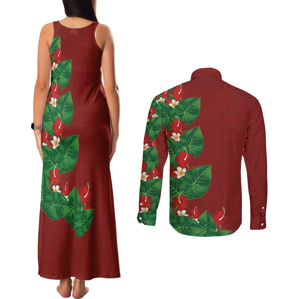 Hawaiian Taro Leaves-Hibiscus and Plumeria Couples Matching Tank Maxi Dress and Long Sleeve Button Shirt Polynesian Art-Kakau Tattoo Red